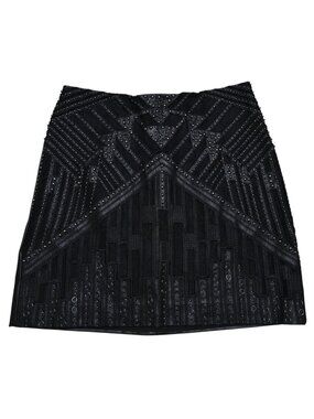 Y2K Bebe Womens Black Faux Leather Beaded Rhinestone Lace Mini Skirt Size 6
